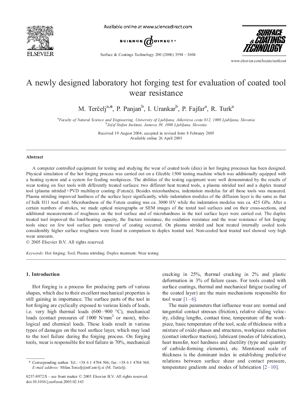 عکس صفحه اول مقاله: A newly designed laboratory hot forging test for evaluation of coated tool wear resistance A newly designed laboratory hot forging test for evaluation of coated tool wear resistance