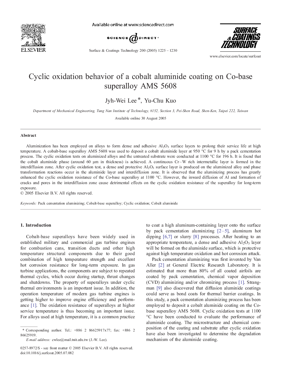 Cyclic oxidation behavior of a cobalt aluminide coating on Co-base superalloy AMS 5608