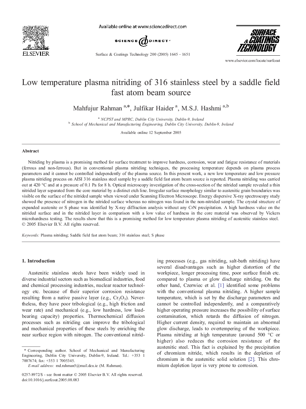 Low temperature plasma nitriding of 316 stainless steel by a saddle field fast atom beam source