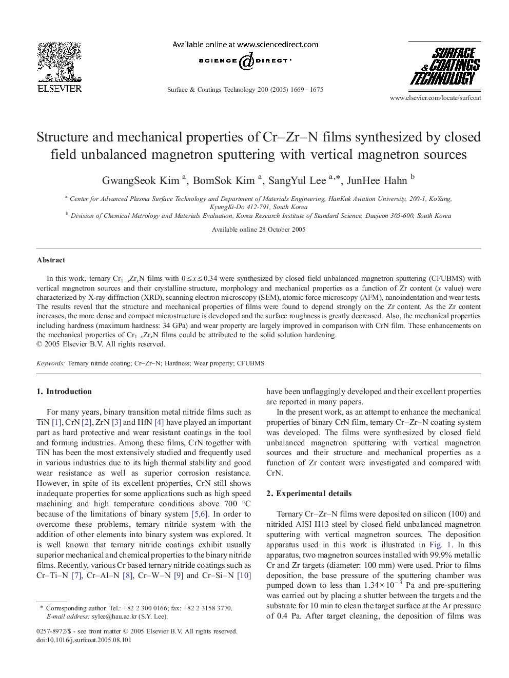 Structure and mechanical properties of Cr–Zr–N films synthesized by closed field unbalanced magnetron sputtering with vertical magnetron sources