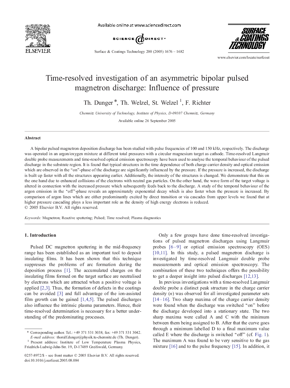 Time-resolved investigation of an asymmetric bipolar pulsed magnetron discharge: Influence of pressure