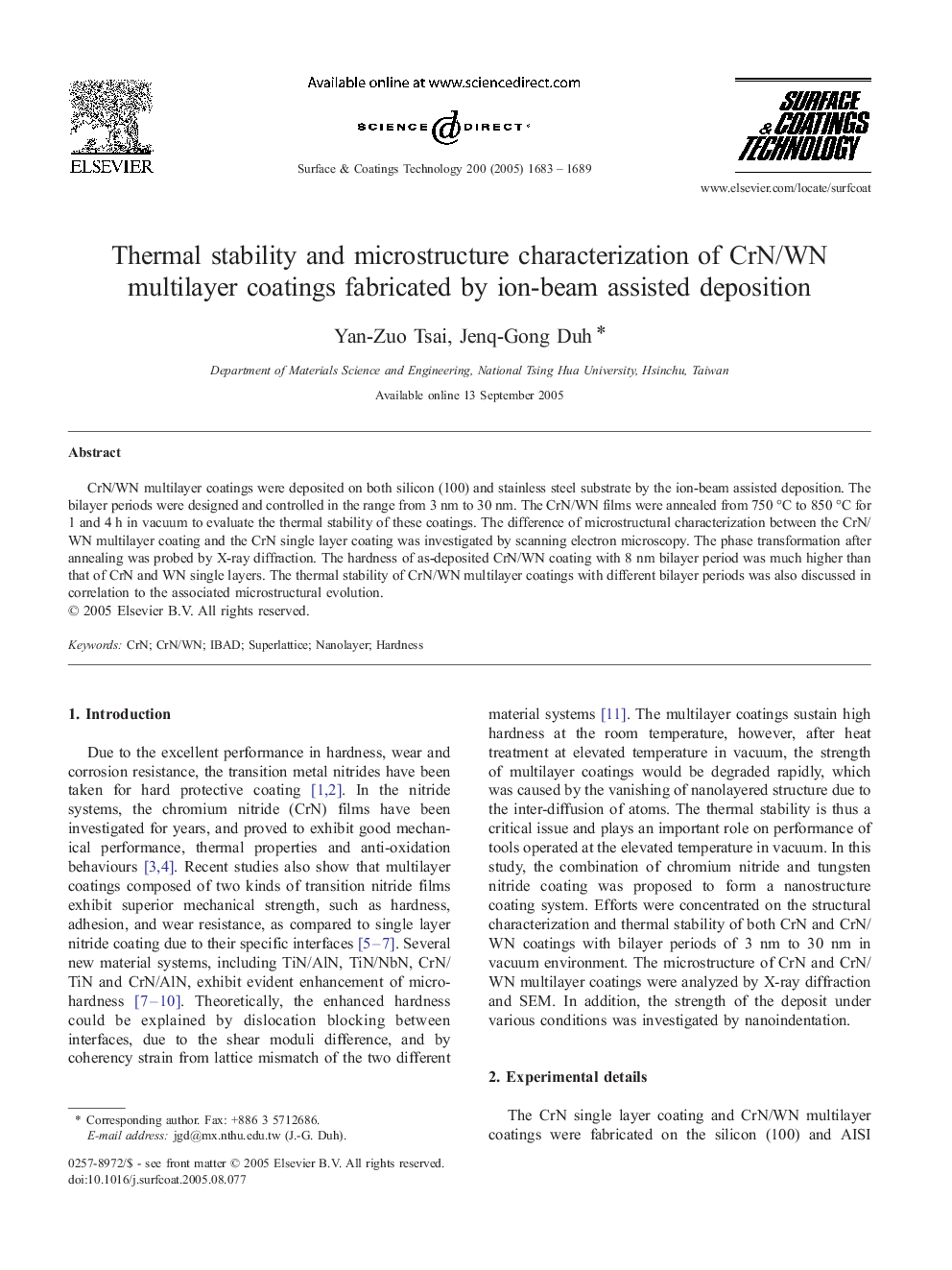 Thermal stability and microstructure characterization of CrN/WN multilayer coatings fabricated by ion-beam assisted deposition