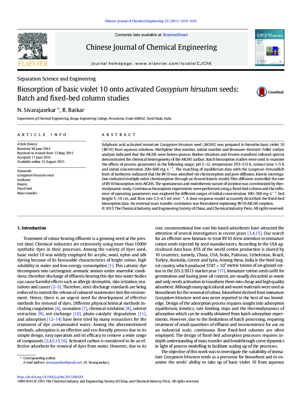عکس صفحه اول مقاله: Biosorption of basic violet 10 onto activated Gossypium hirsutum seeds: Batch and fixed-bed column studies Biosorption of basic violet 10 onto activated Gossypium hirsutum seeds: Batch and fixed-bed column studies