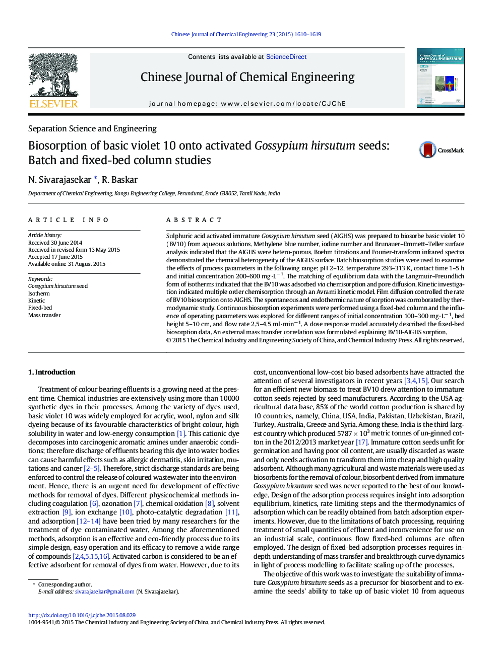 Biosorption of basic violet 10 onto activated Gossypium hirsutum seeds: Batch and fixed-bed column studies