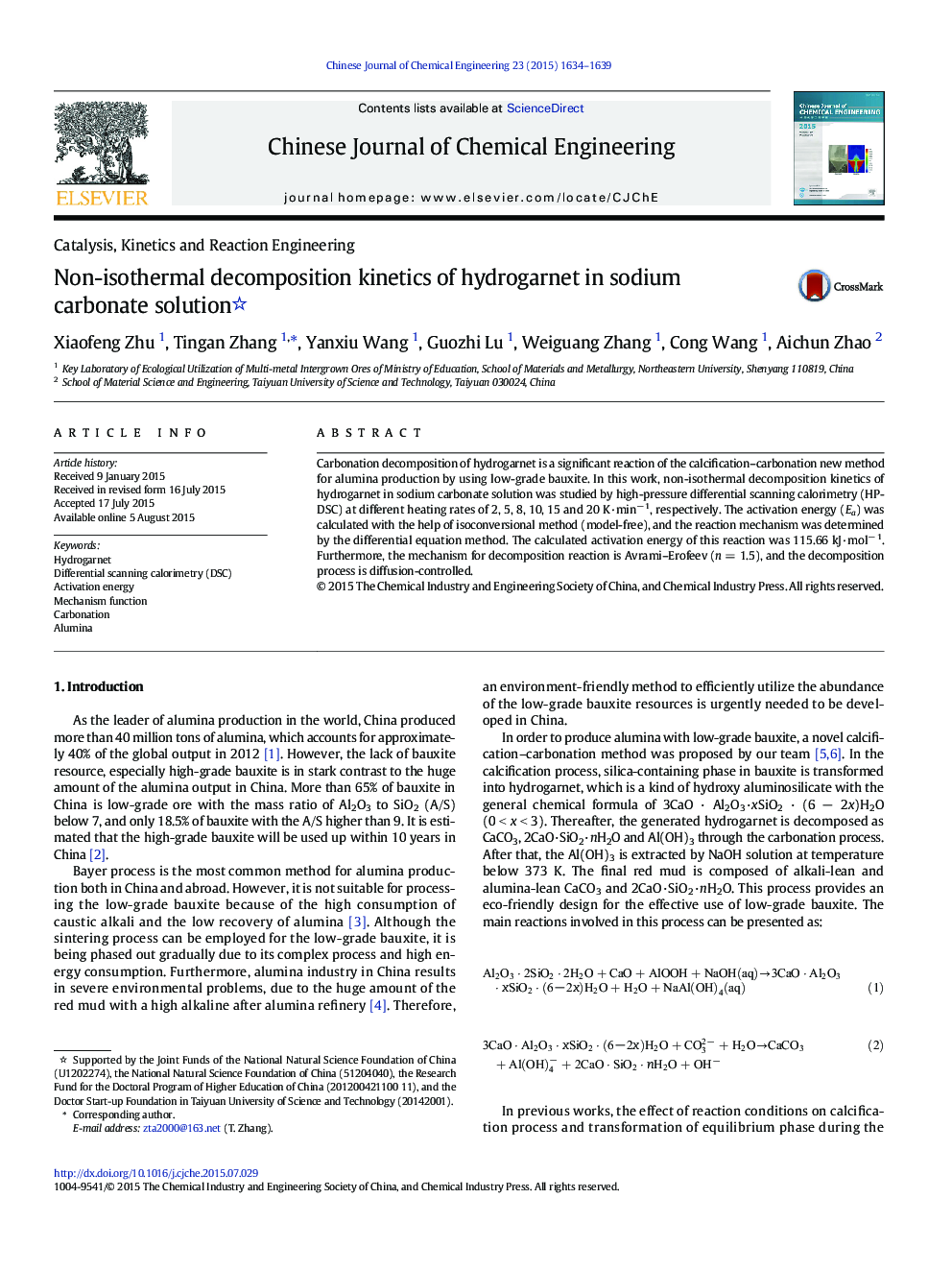 Non-isothermal decomposition kinetics of hydrogarnet in sodium carbonate solution 