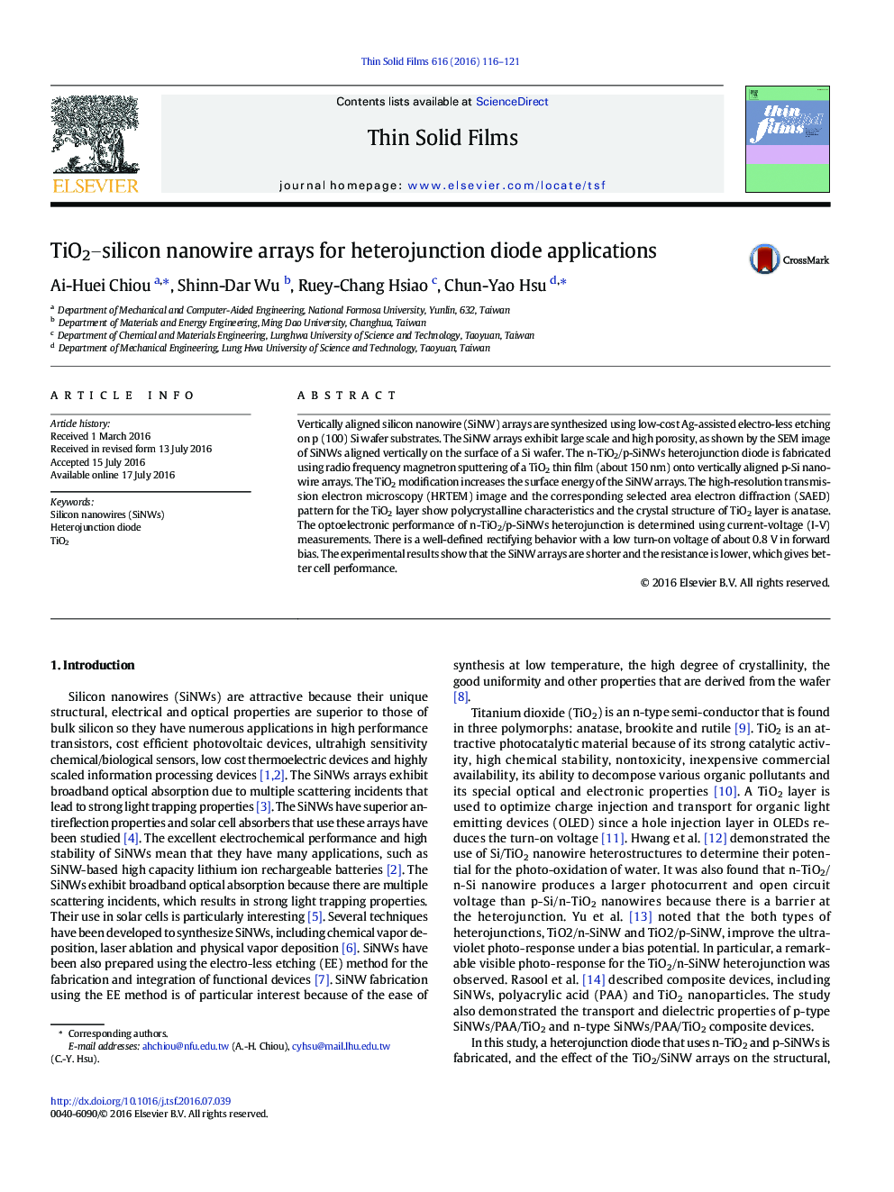 TiO2–silicon nanowire arrays for heterojunction diode applications