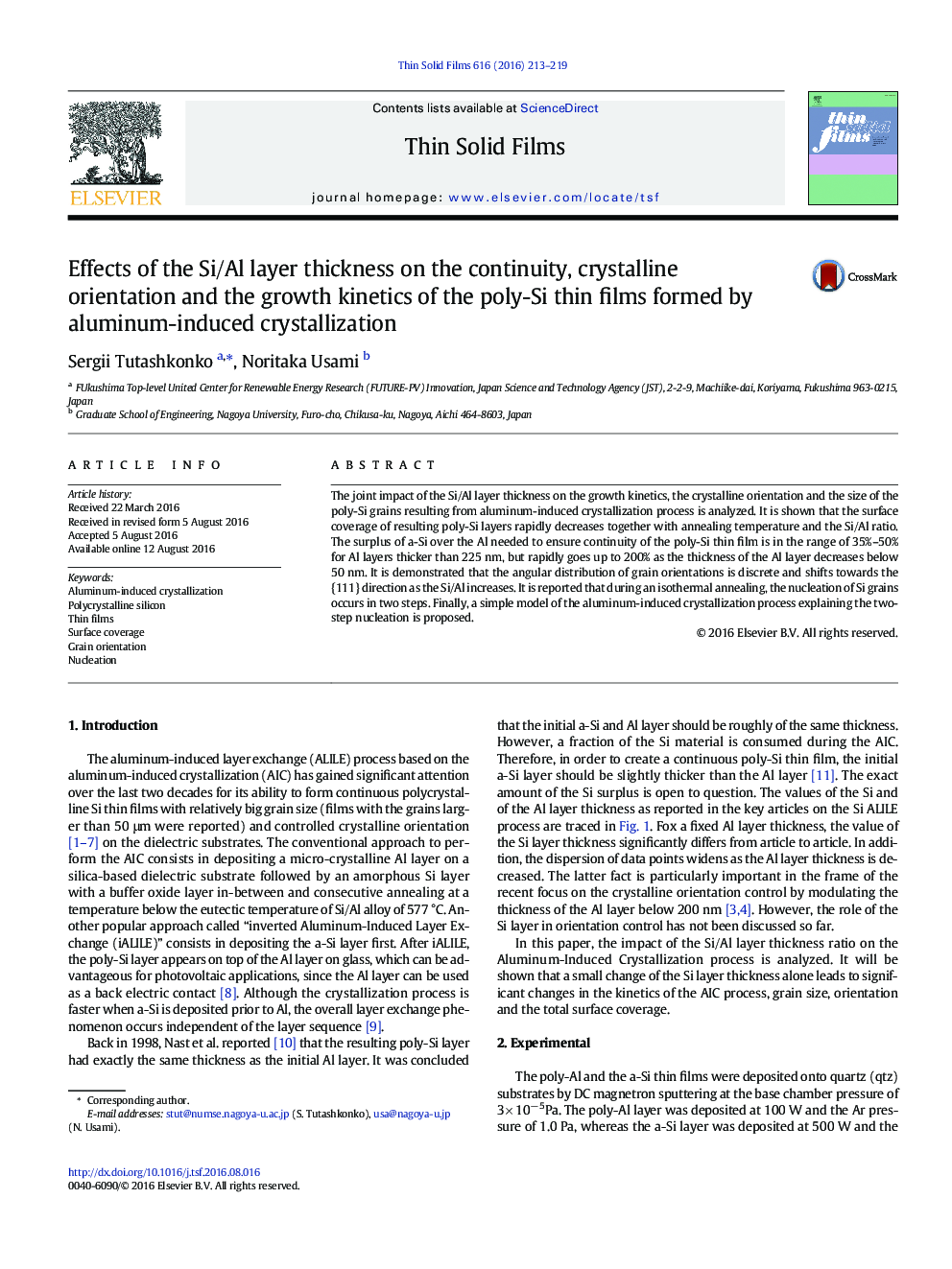 عکس صفحه اول مقاله: Effects of the Si/Al layer thickness on the continuity, crystalline orientation and the growth kinetics of the poly-Si thin films formed by aluminum-induced crystallization Effects of the Si/Al layer thickness on the continuity, crystalline orientation and the growth kinetics of the poly-Si thin films formed by aluminum-induced crystallization