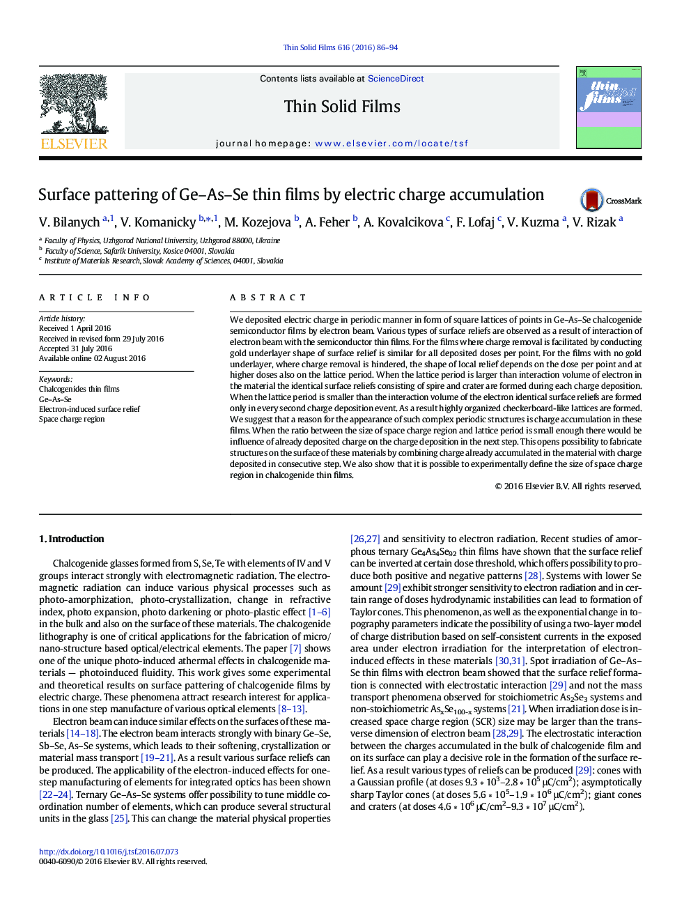 Surface pattering of Ge-As-Se thin films by electric charge accumulation