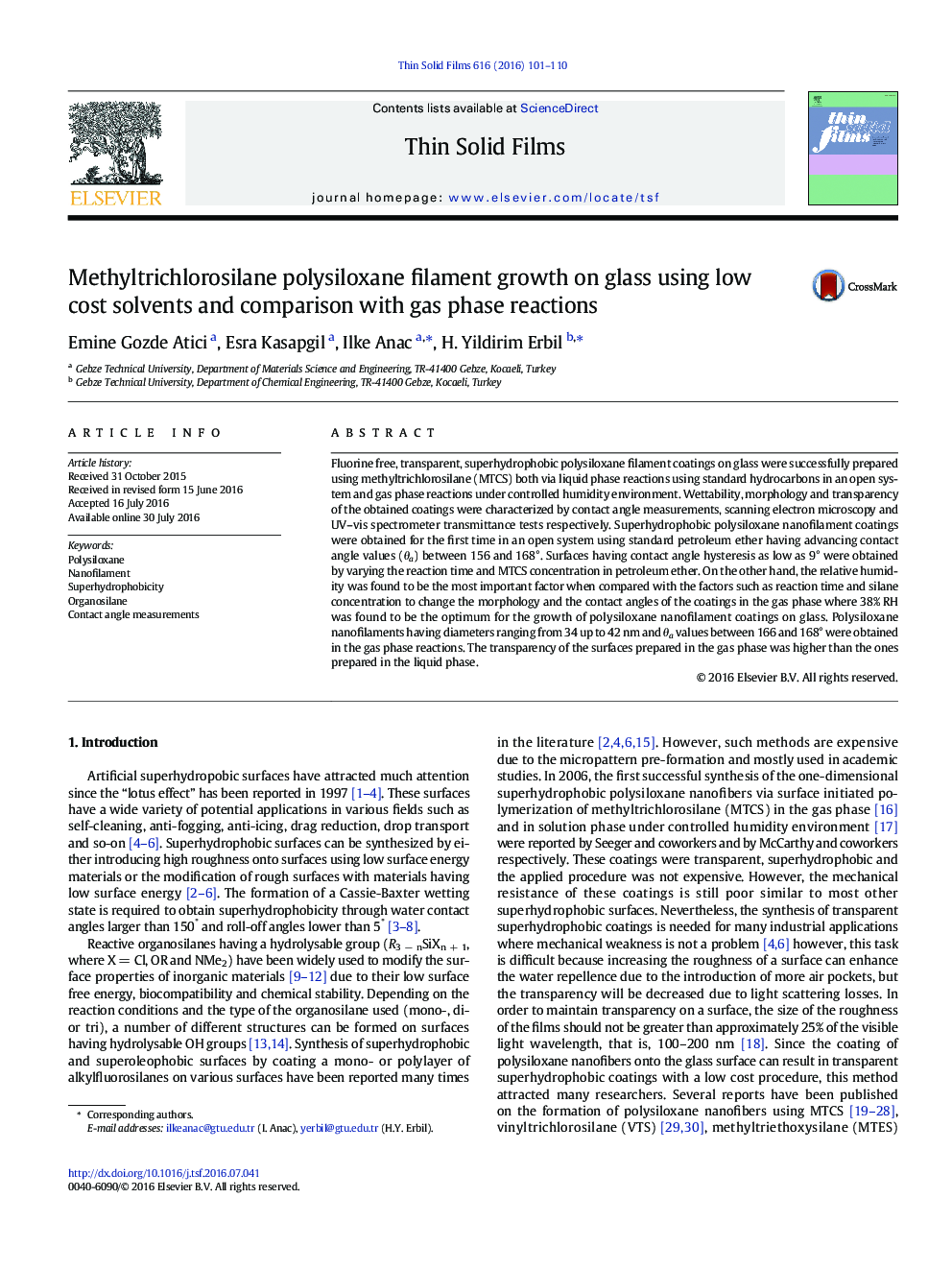 Methyltrichlorosilane polysiloxane filament growth on glass using low cost solvents and comparison with gas phase reactions