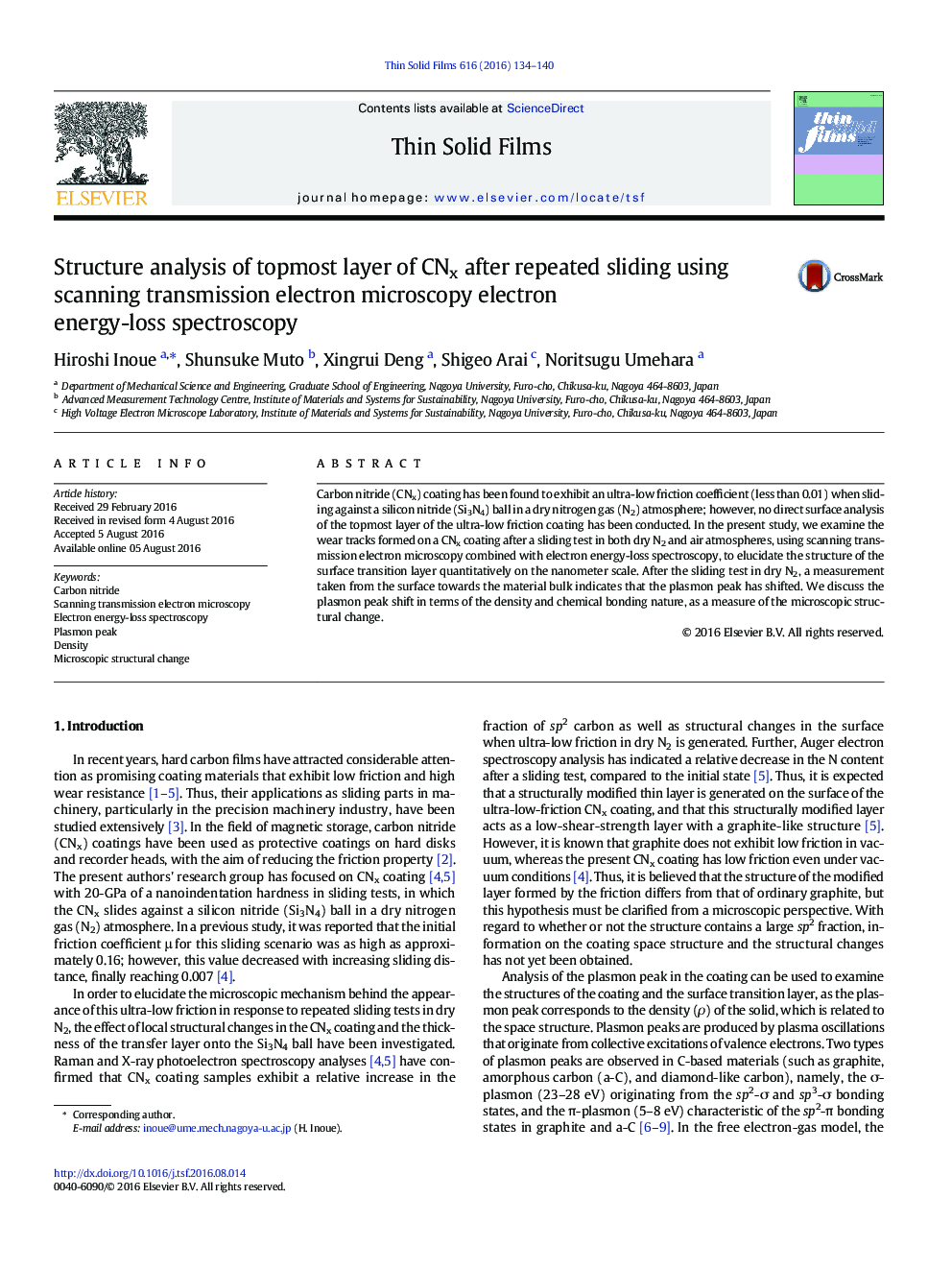 Structure analysis of topmost layer of CNx after repeated sliding using scanning transmission electron microscopy electron energy-loss spectroscopy