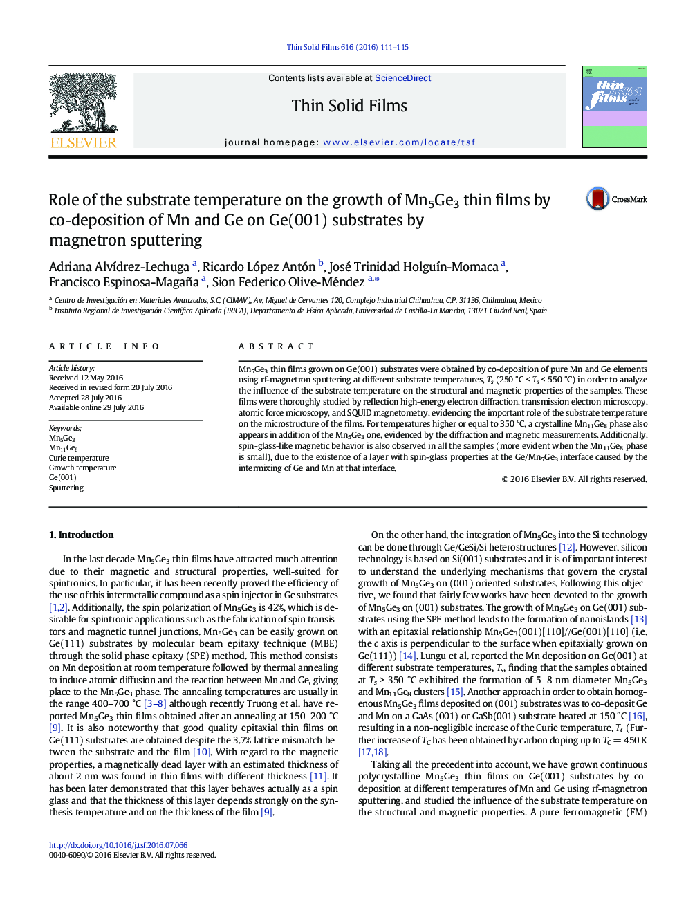 Role of the substrate temperature on the growth of Mn5Ge3 thin films by co-deposition of Mn and Ge on Ge(001) substrates by magnetron sputtering