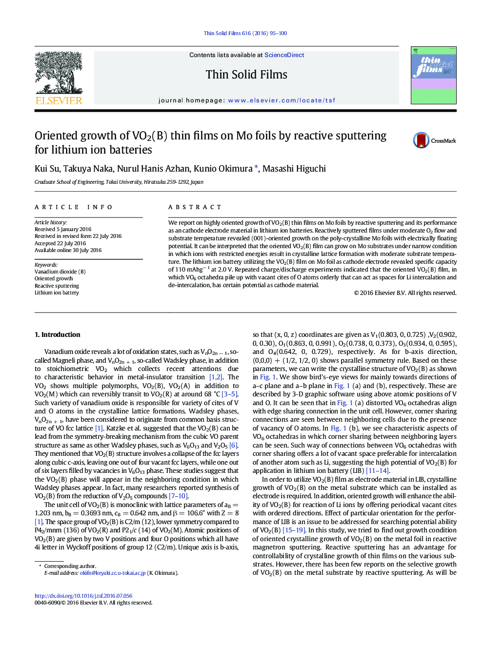 Oriented growth of VO2(B) thin films on Mo foils by reactive sputtering for lithium ion batteries