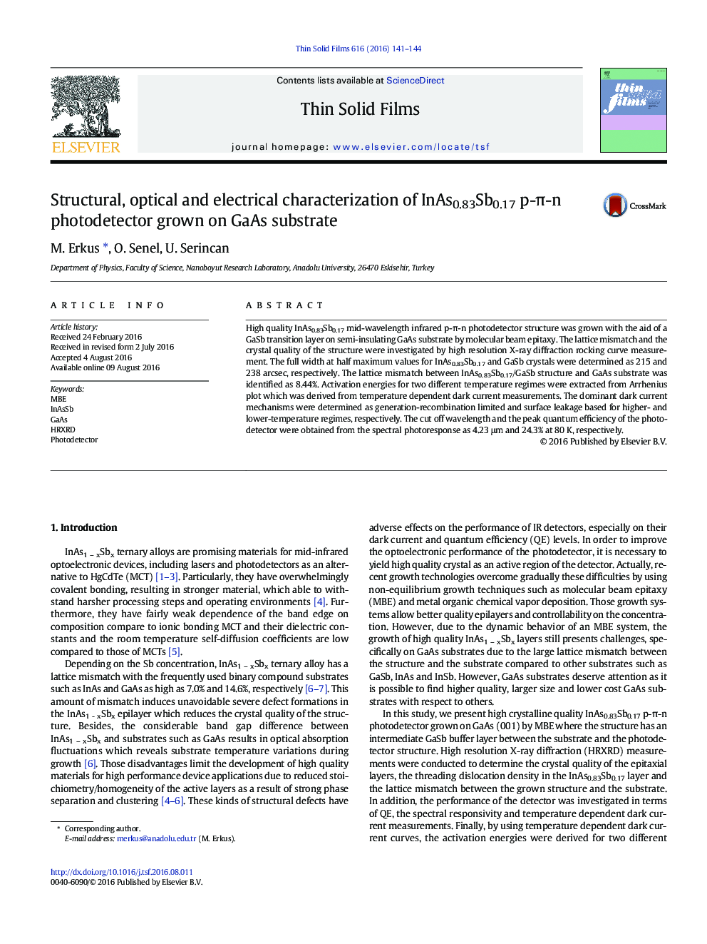 Structural, optical and electrical characterization of InAs0.83Sb0.17 p-Ï-n photodetector grown on GaAs substrate