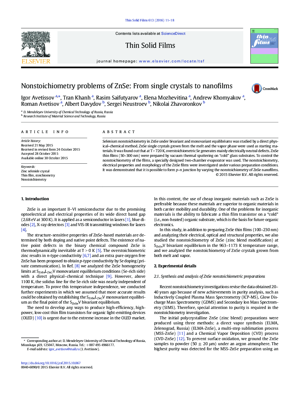 Nonstoichiometry problems of ZnSe: From single crystals to nanofilms