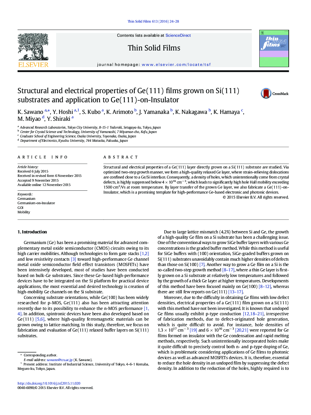 Structural and electrical properties of Ge(111) films grown on Si(111) substrates and application to Ge(111)-on-Insulator