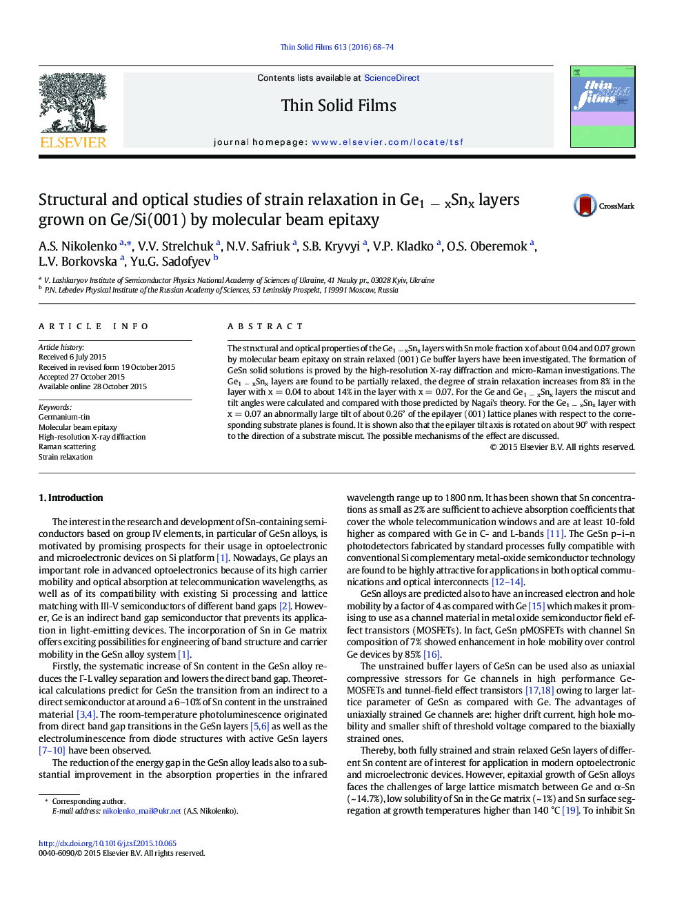 Structural and optical studies of strain relaxation in Ge1 − xSnx layers grown on Ge/Si(001) by molecular beam epitaxy