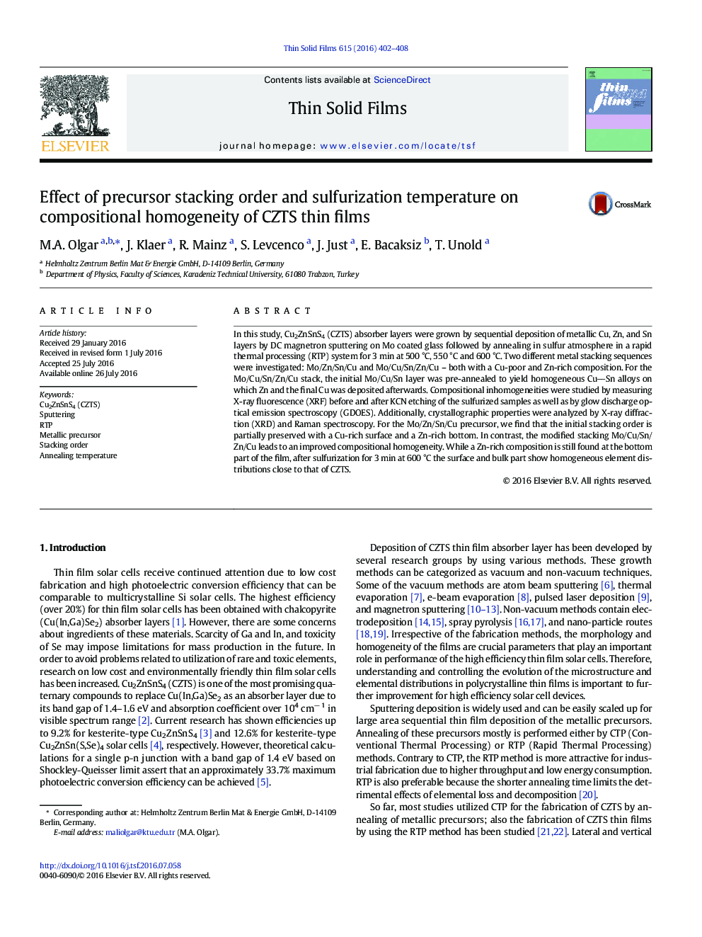 Effect of precursor stacking order and sulfurization temperature on compositional homogeneity of CZTS thin films