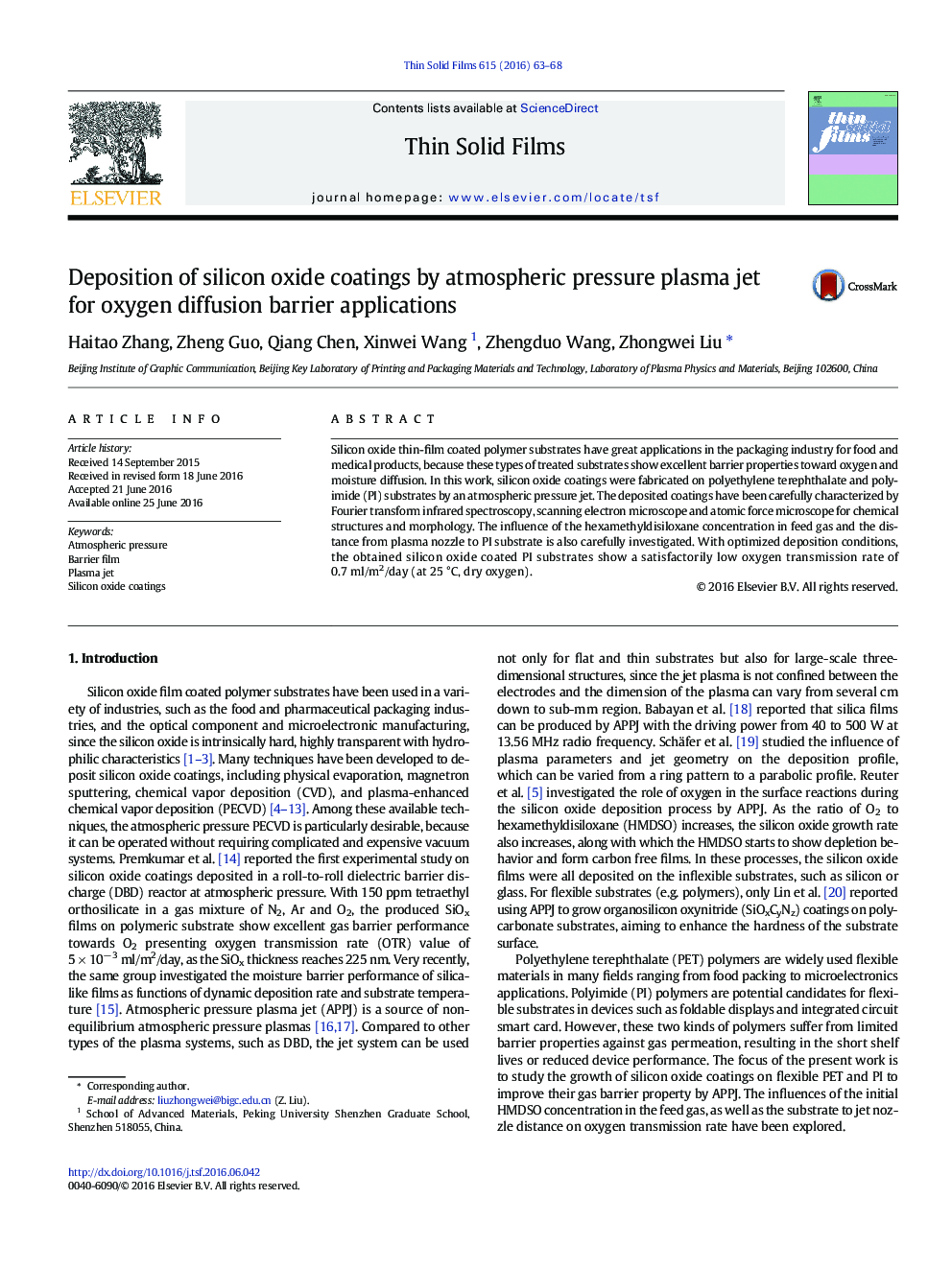 Deposition of silicon oxide coatings by atmospheric pressure plasma jet for oxygen diffusion barrier applications