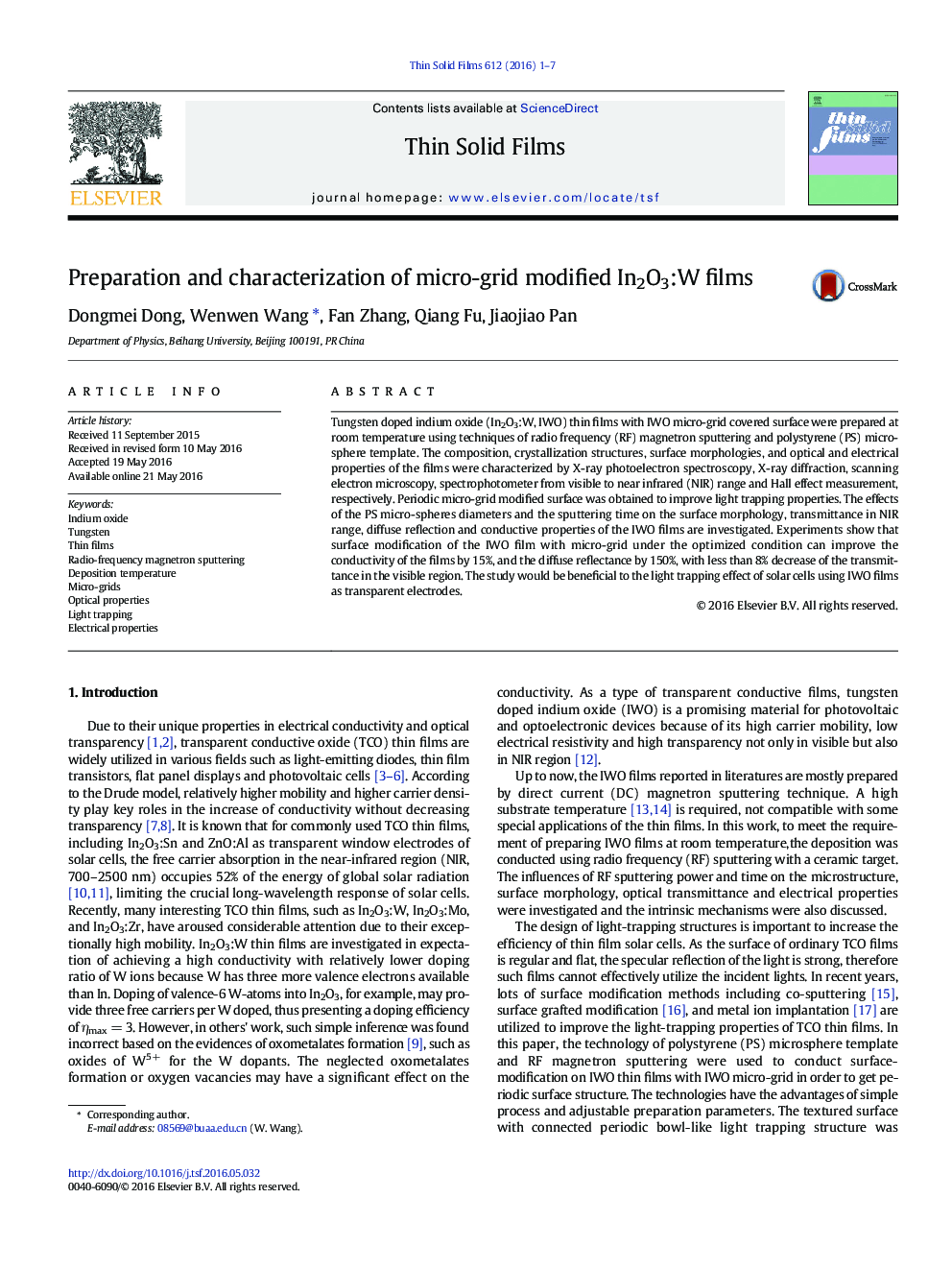 Preparation and characterization of micro-grid modified In2O3:W films