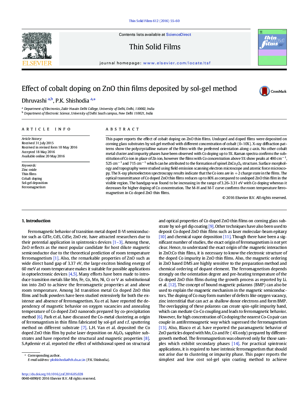 Effect of cobalt doping on ZnO thin films deposited by sol-gel method