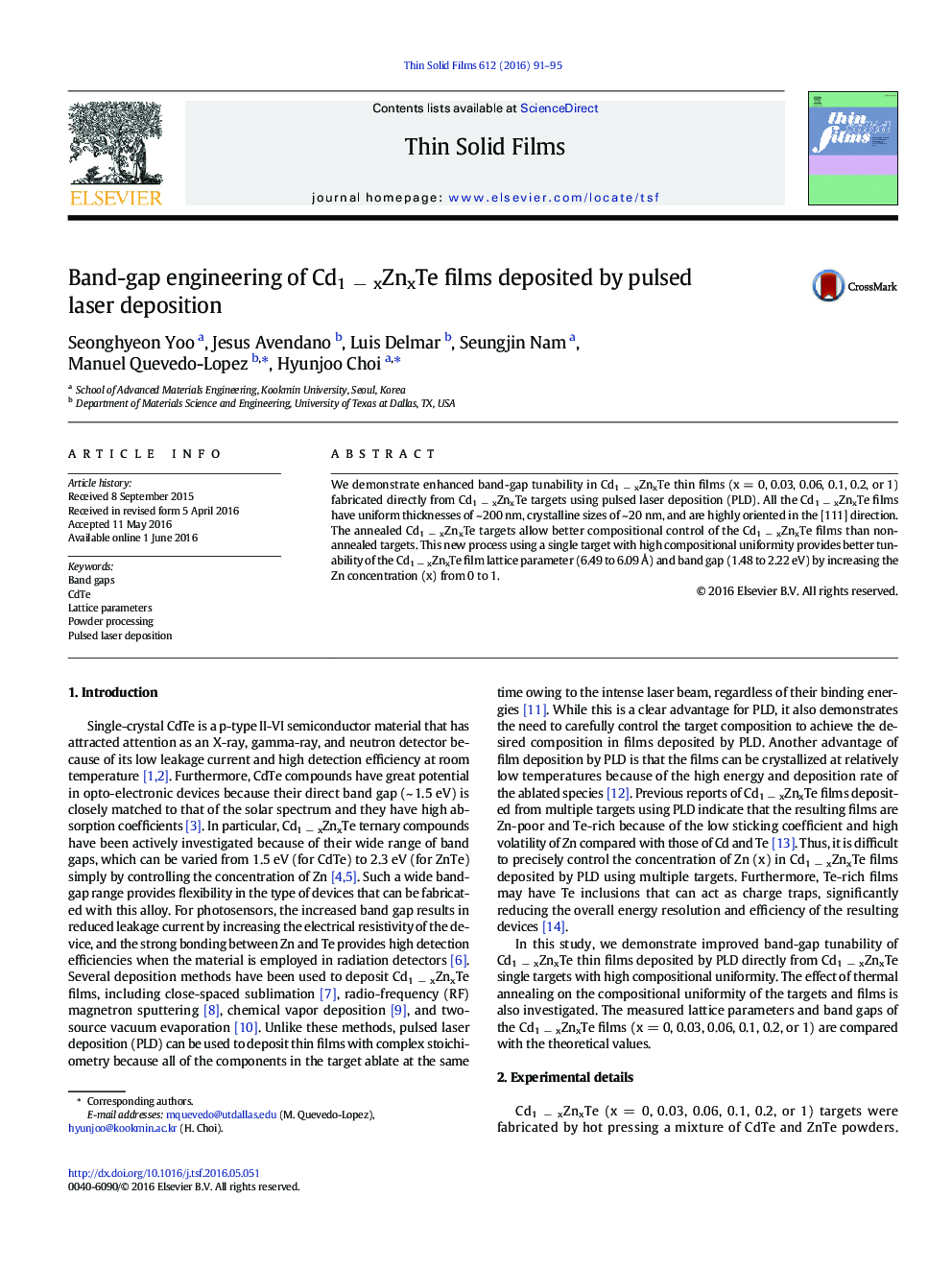 Band-gap engineering of Cd1Â âÂ xZnxTe films deposited by pulsed laser deposition