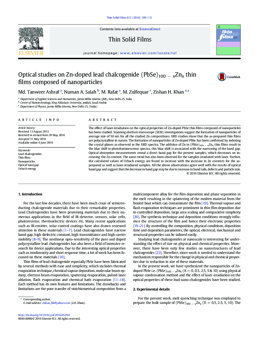 Optical studies on Zn-doped lead chalcogenide (PbSe)100 − xZnx thin films composed of nanoparticles