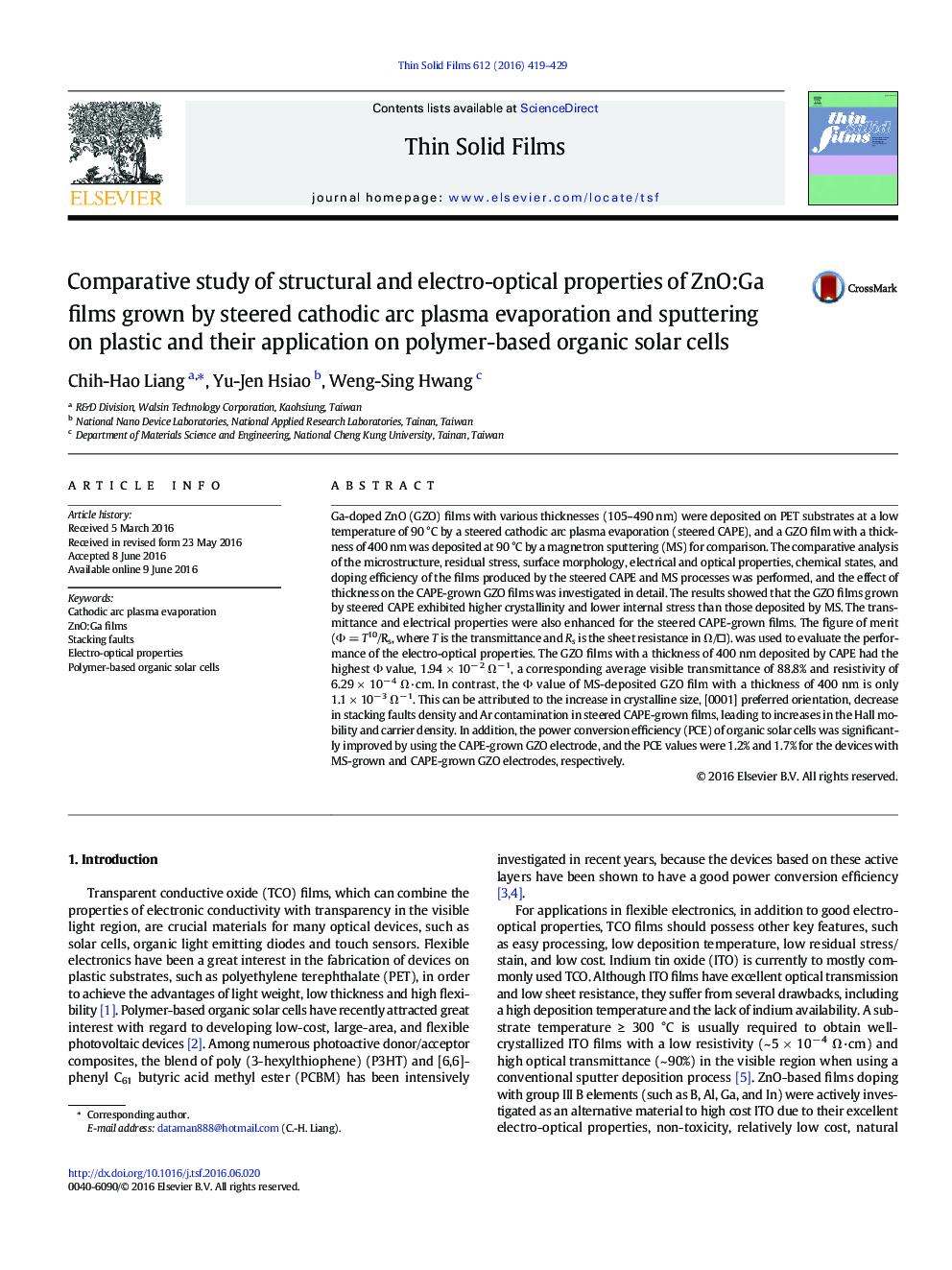 Comparative study of structural and electro-optical properties of ZnO:Ga films grown by steered cathodic arc plasma evaporation and sputtering on plastic and their application on polymer-based organic solar cells