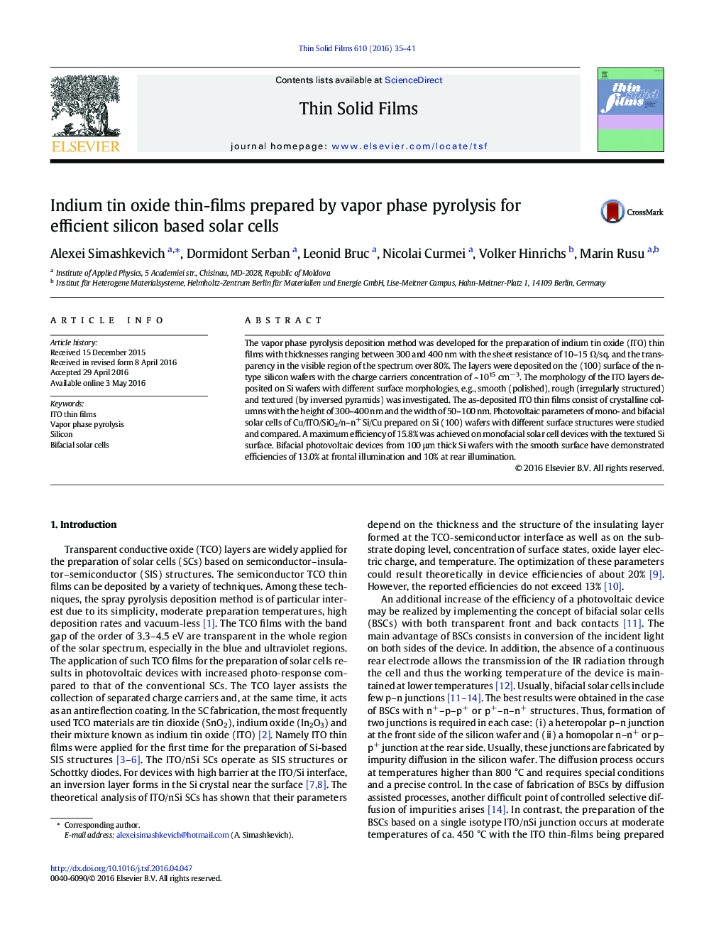 Indium tin oxide thin-films prepared by vapor phase pyrolysis for efficient silicon based solar cells