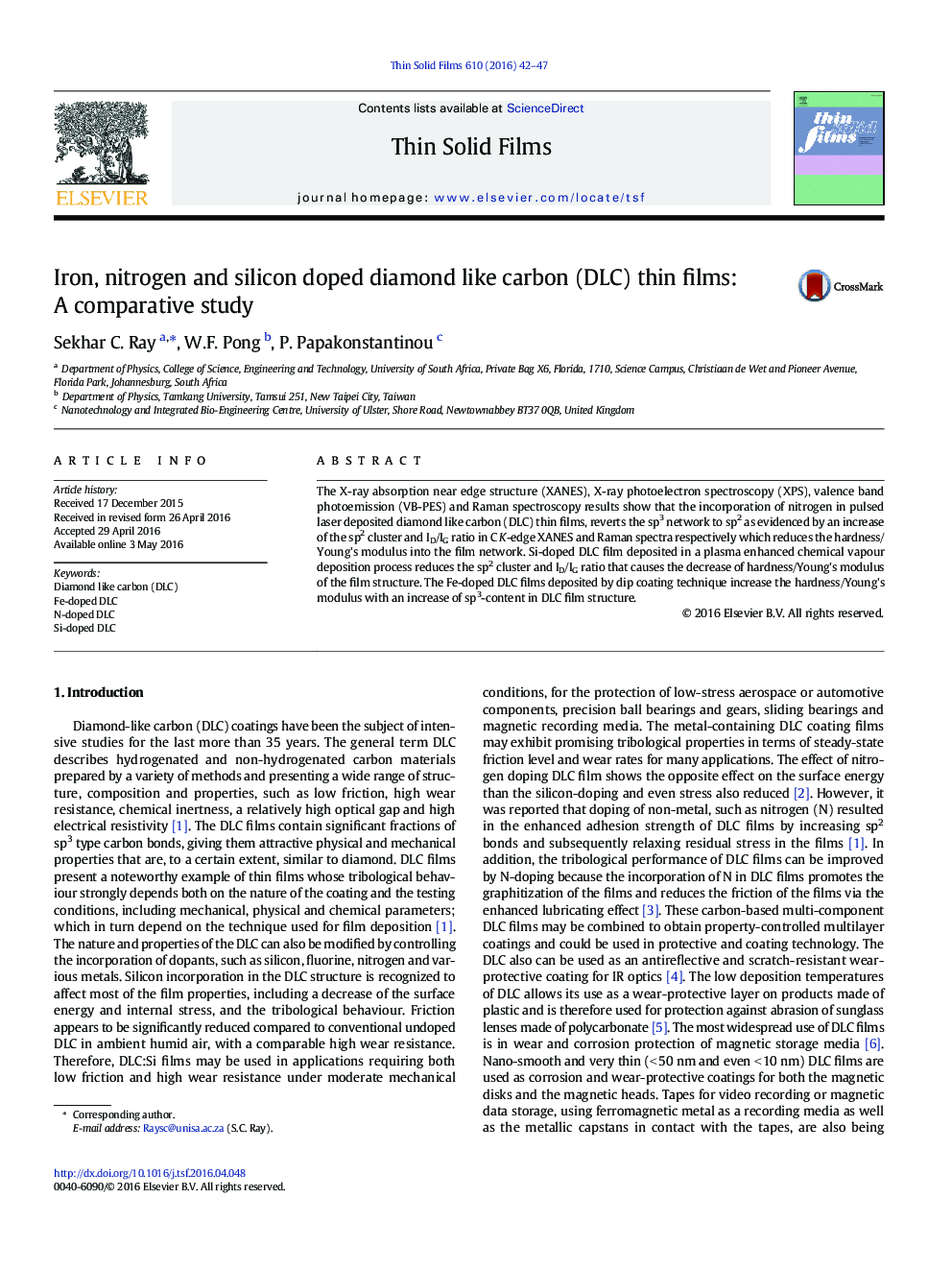 Iron, nitrogen and silicon doped diamond like carbon (DLC) thin films: A comparative study