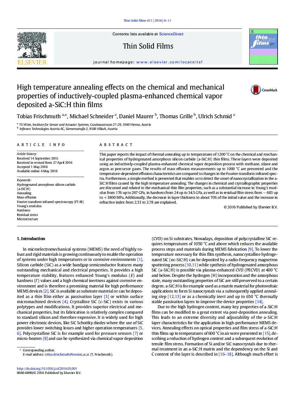 High temperature annealing effects on the chemical and mechanical properties of inductively-coupled plasma-enhanced chemical vapor deposited a-SiC:H thin films