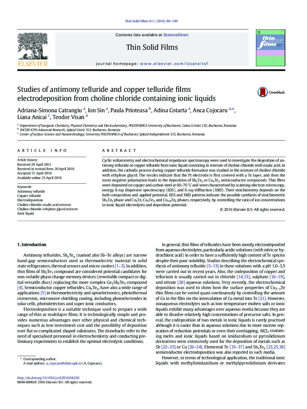 Studies of antimony telluride and copper telluride films electrodeposition from choline chloride containing ionic liquids