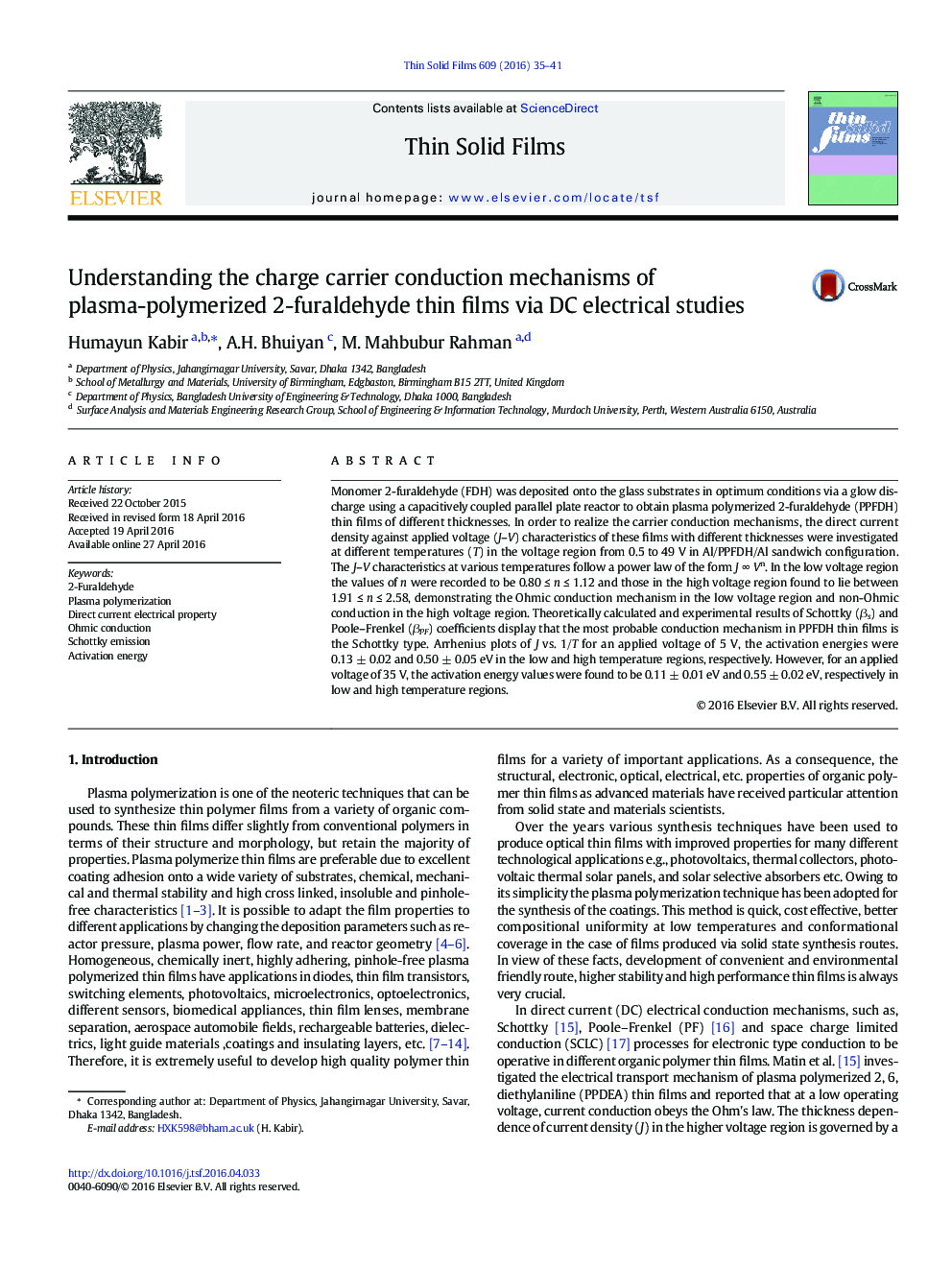 عکس صفحه اول مقاله: Understanding the charge carrier conduction mechanisms of plasma-polymerized 2-furaldehyde thin films via DC electrical studies Understanding the charge carrier conduction mechanisms of plasma-polymerized 2-furaldehyde thin films via DC electrical studies