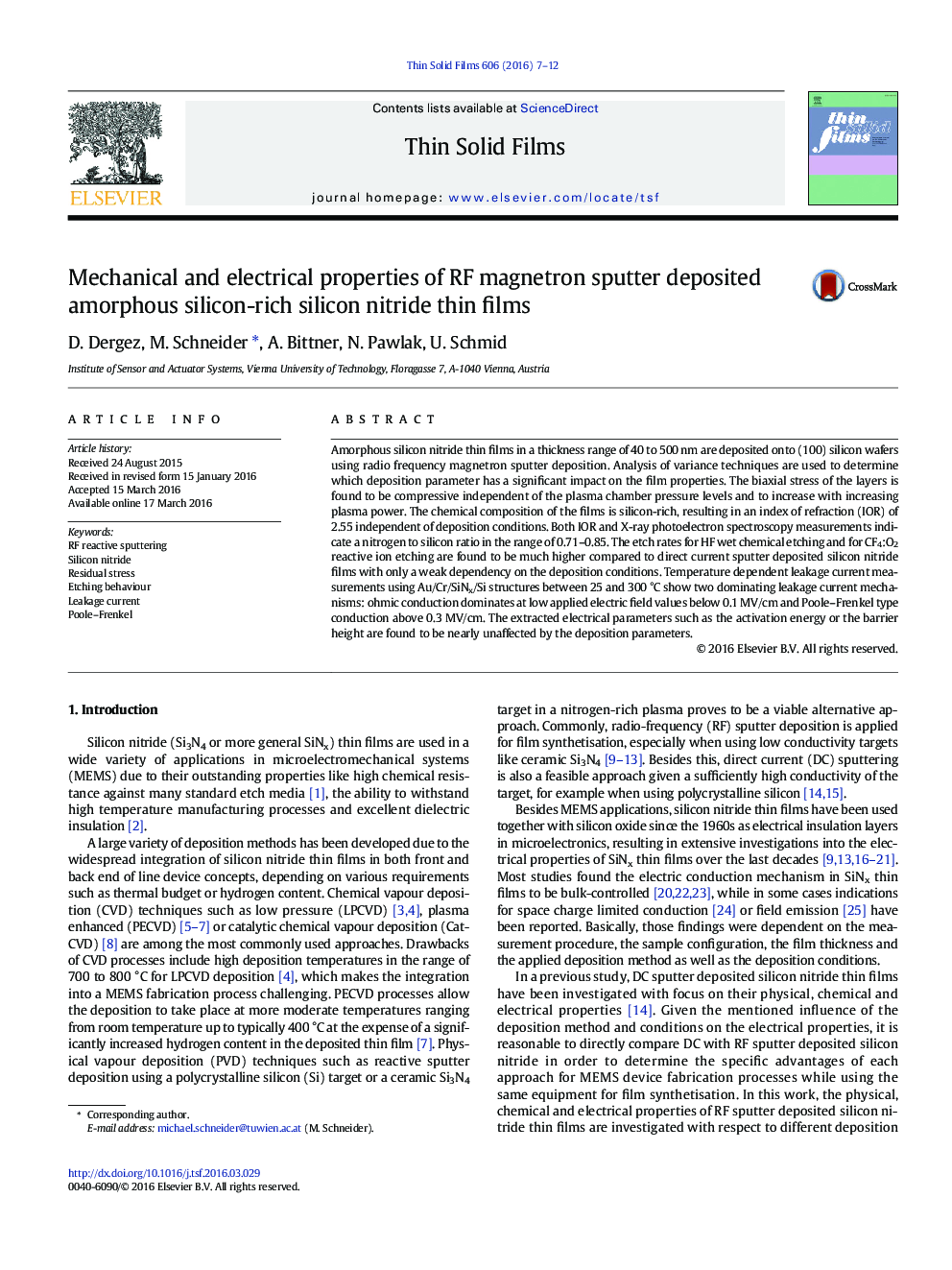 Mechanical and electrical properties of RF magnetron sputter deposited amorphous silicon-rich silicon nitride thin films