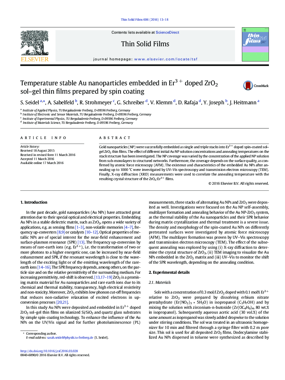 Temperature stable Au nanoparticles embedded in Er3 + doped ZrO2 sol–gel thin films prepared by spin coating