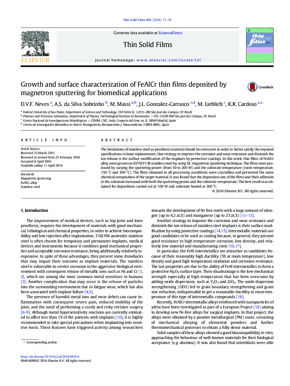 Growth and surface characterization of FeAlCr thin films deposited by magnetron sputtering for biomedical applications