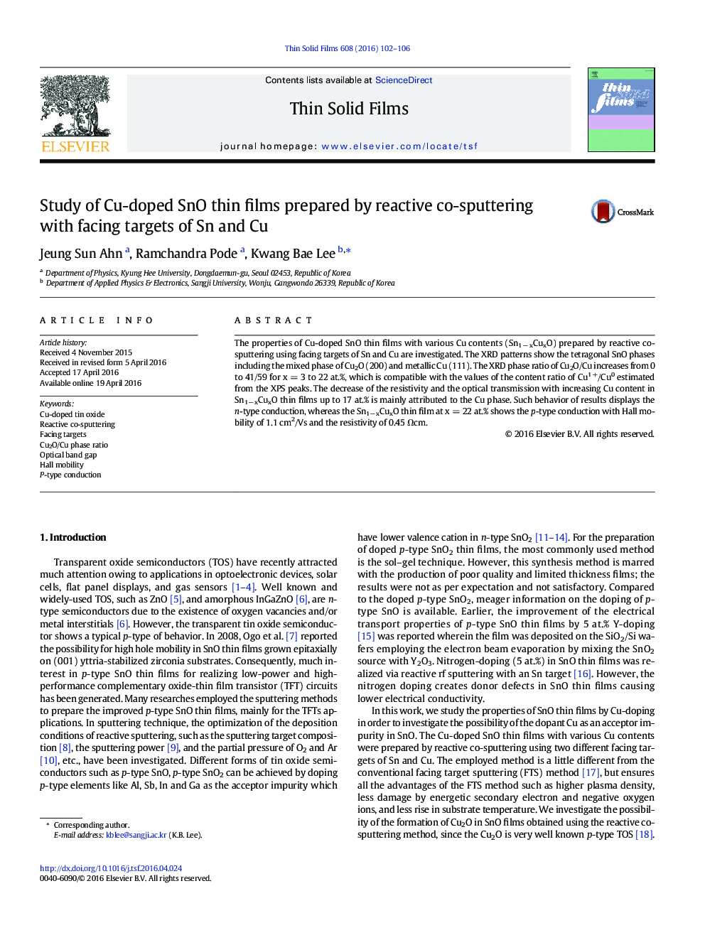 Study of Cu-doped SnO thin films prepared by reactive co-sputtering with facing targets of Sn and Cu