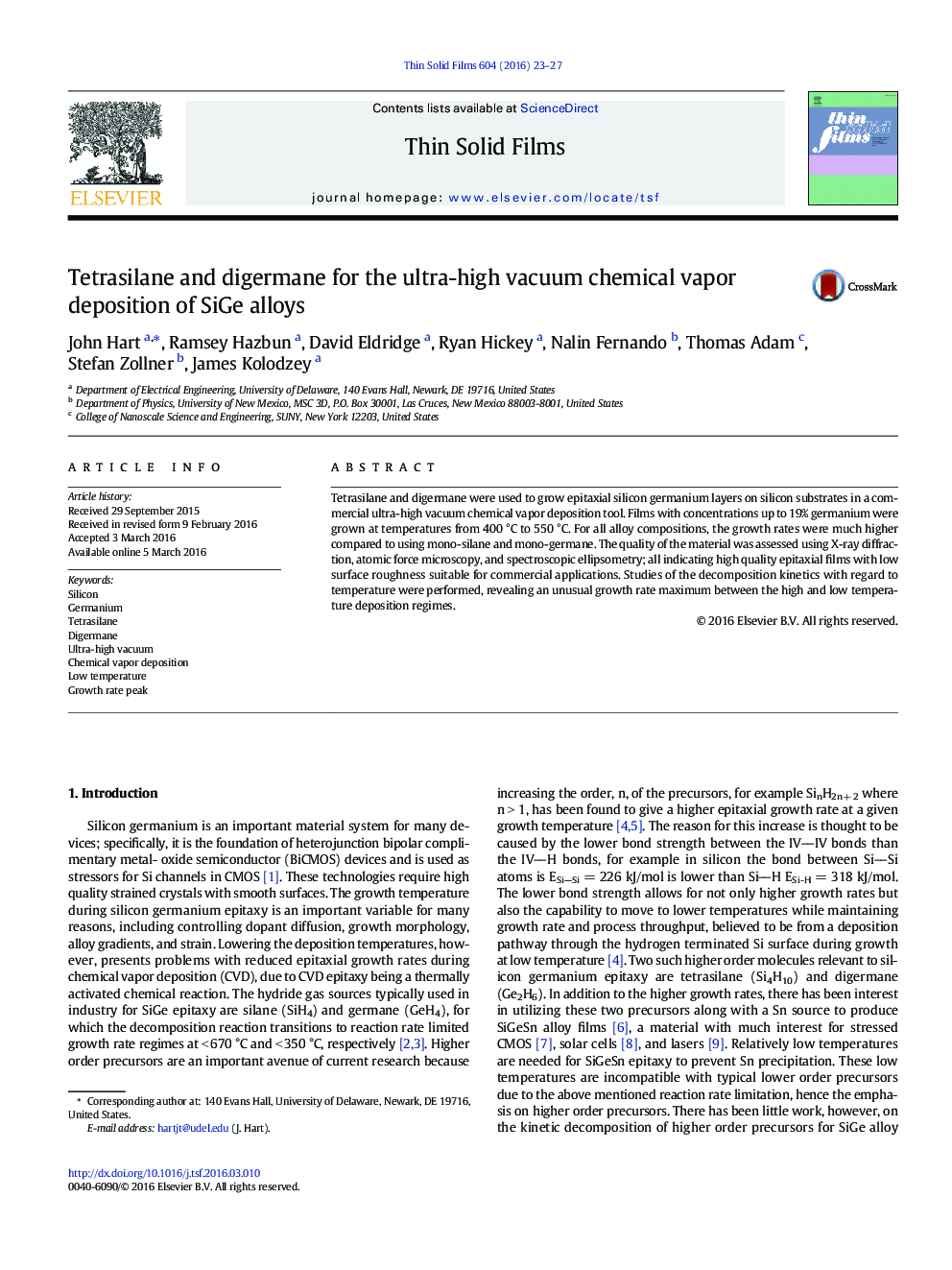 Tetrasilane and digermane for the ultra-high vacuum chemical vapor deposition of SiGe alloys