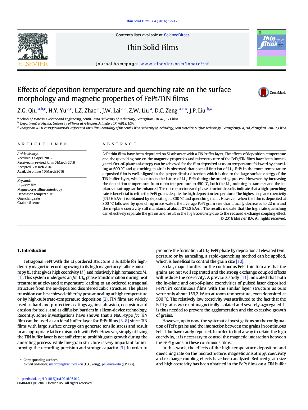 Effects of deposition temperature and quenching rate on the surface morphology and magnetic properties of FePt/TiN films