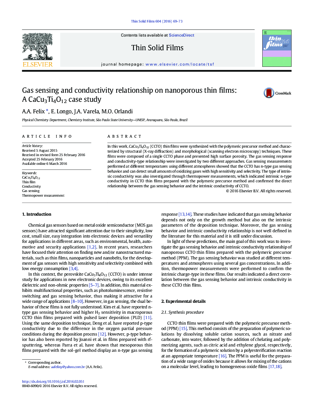 Gas sensing and conductivity relationship on nanoporous thin films: A CaCu3Ti4O12 case study