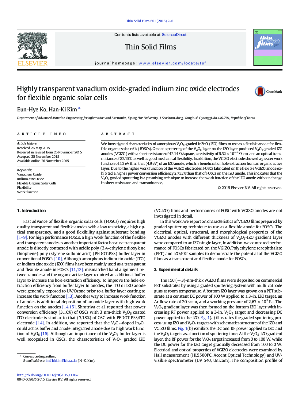 Highly transparent vanadium oxide-graded indium zinc oxide electrodes for flexible organic solar cells