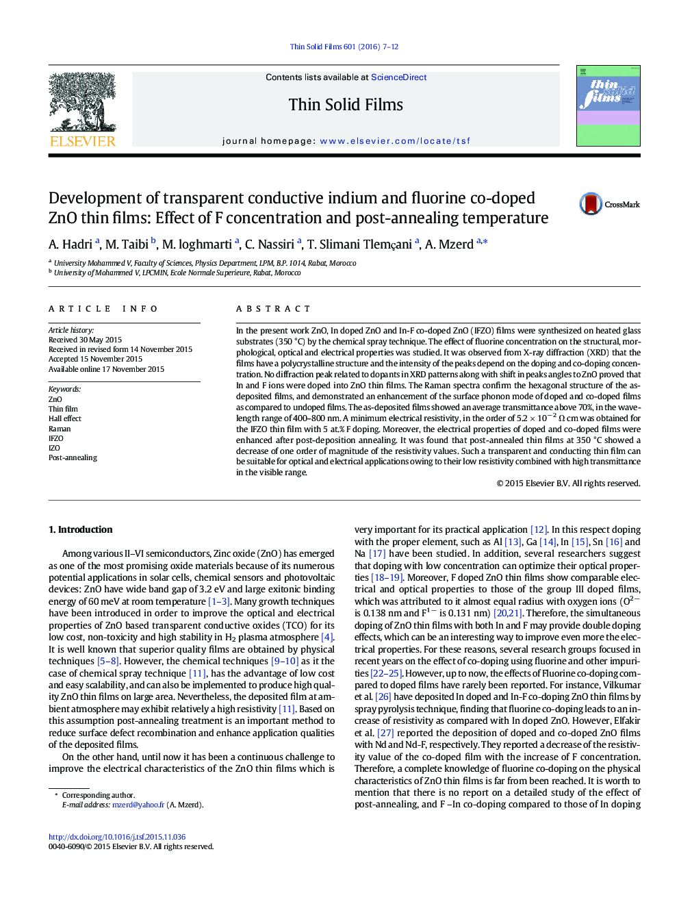 Development of transparent conductive indium and fluorine co-doped ZnO thin films: Effect of F concentration and post-annealing temperature