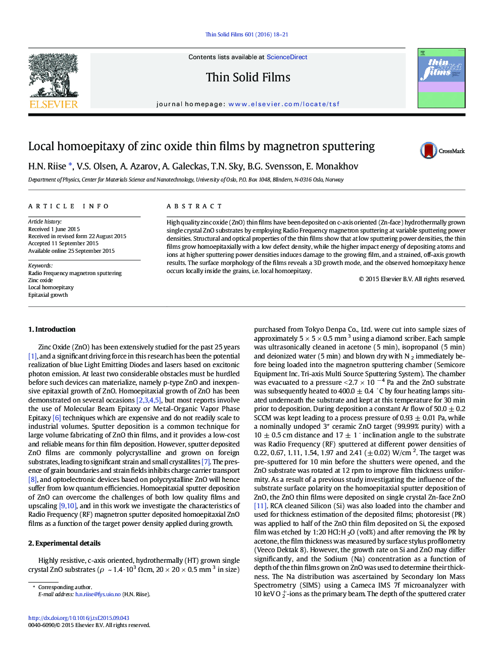 Local homoepitaxy of zinc oxide thin films by magnetron sputtering