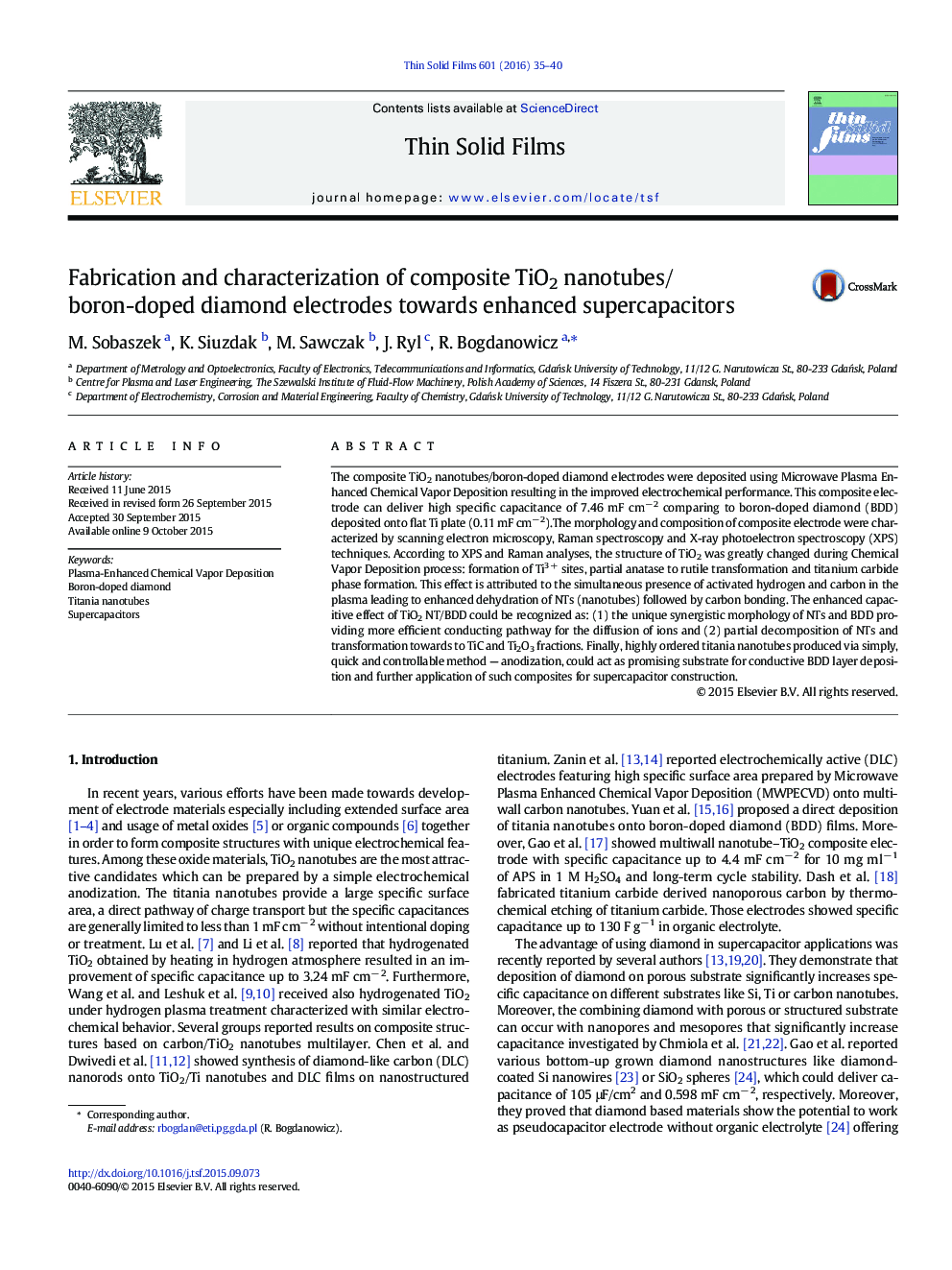 عکس صفحه اول مقاله: Fabrication and characterization of composite TiO2 nanotubes/boron-doped diamond electrodes towards enhanced supercapacitors Fabrication and characterization of composite TiO2 nanotubes/boron-doped diamond electrodes towards enhanced supercapacitors