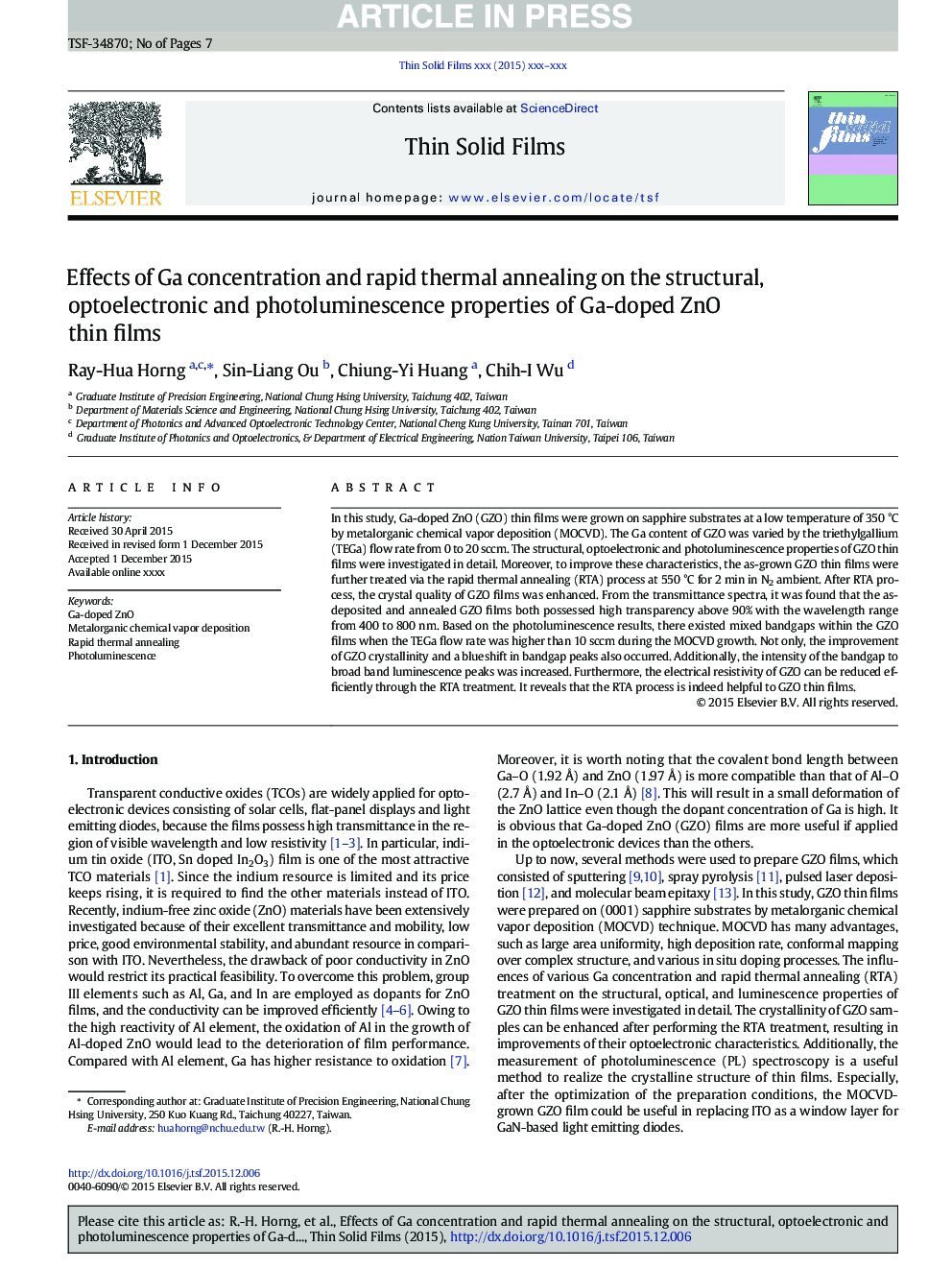 Effects of Ga concentration and rapid thermal annealing on the structural, optoelectronic and photoluminescence properties of Ga-doped ZnO thin films