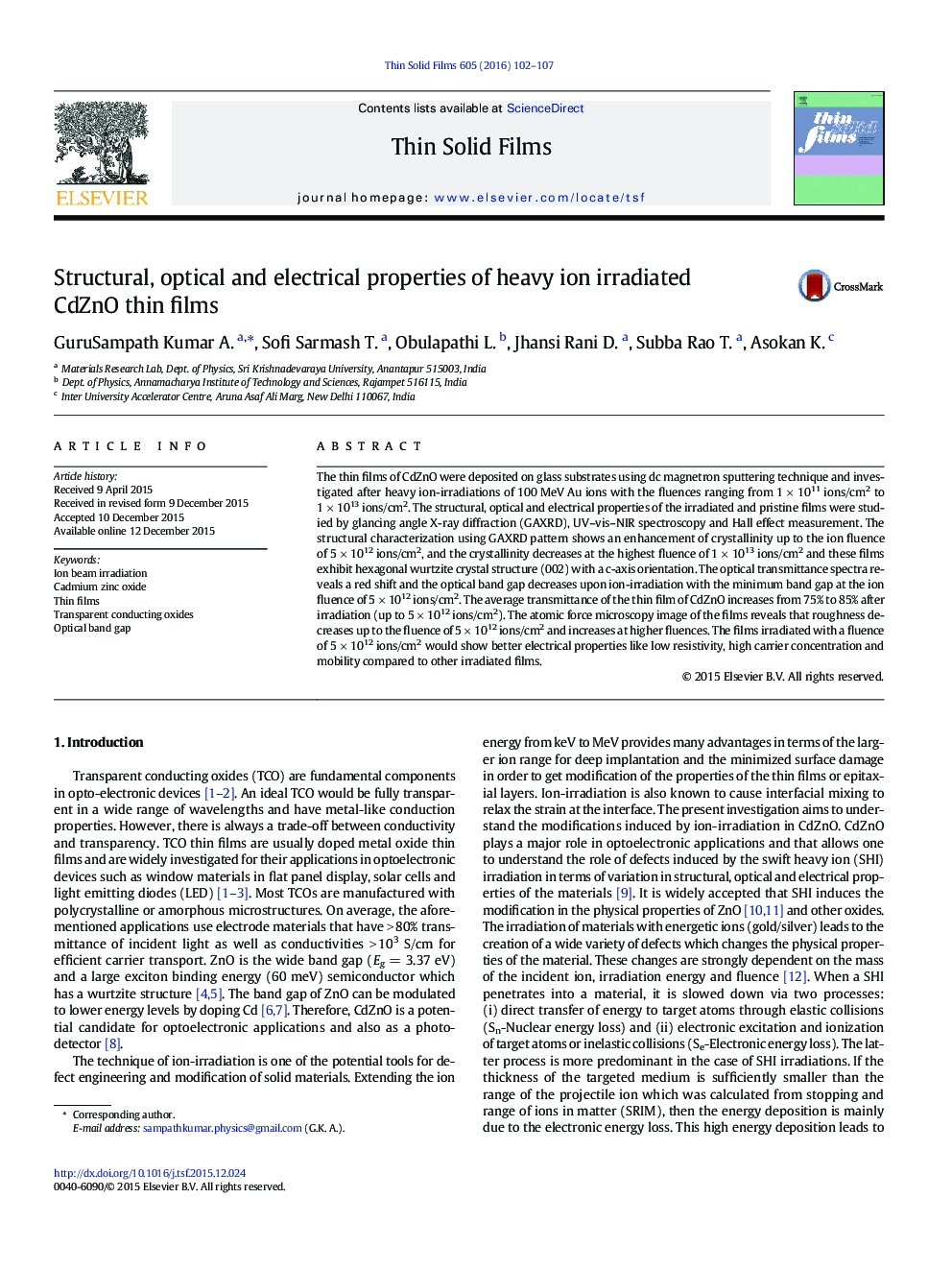 Structural, optical and electrical properties of heavy ion irradiated CdZnO thin films