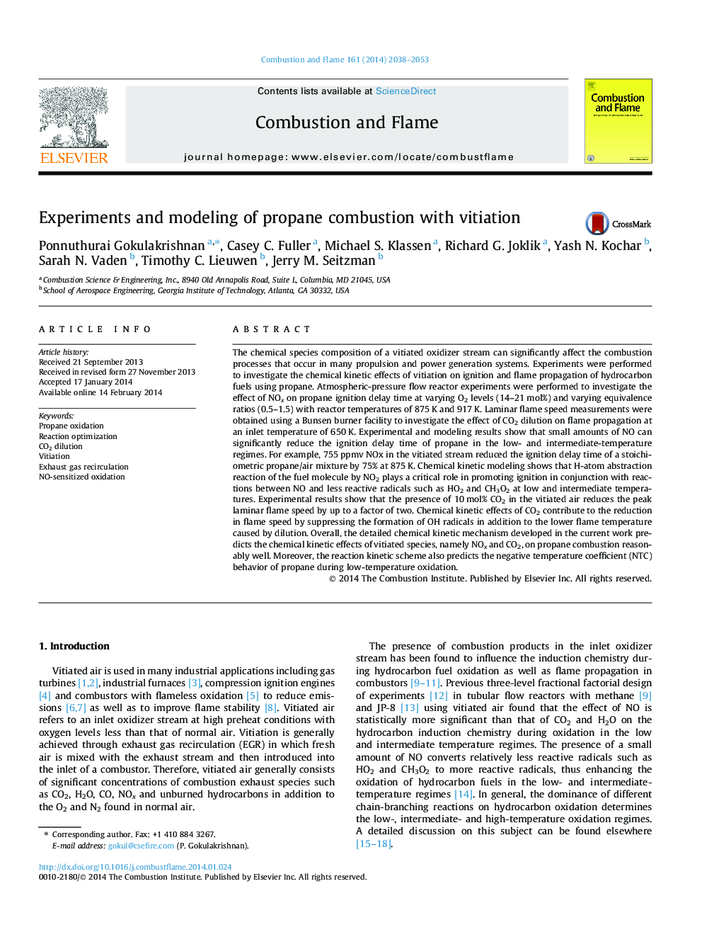 Experiments and modeling of propane combustion with vitiation