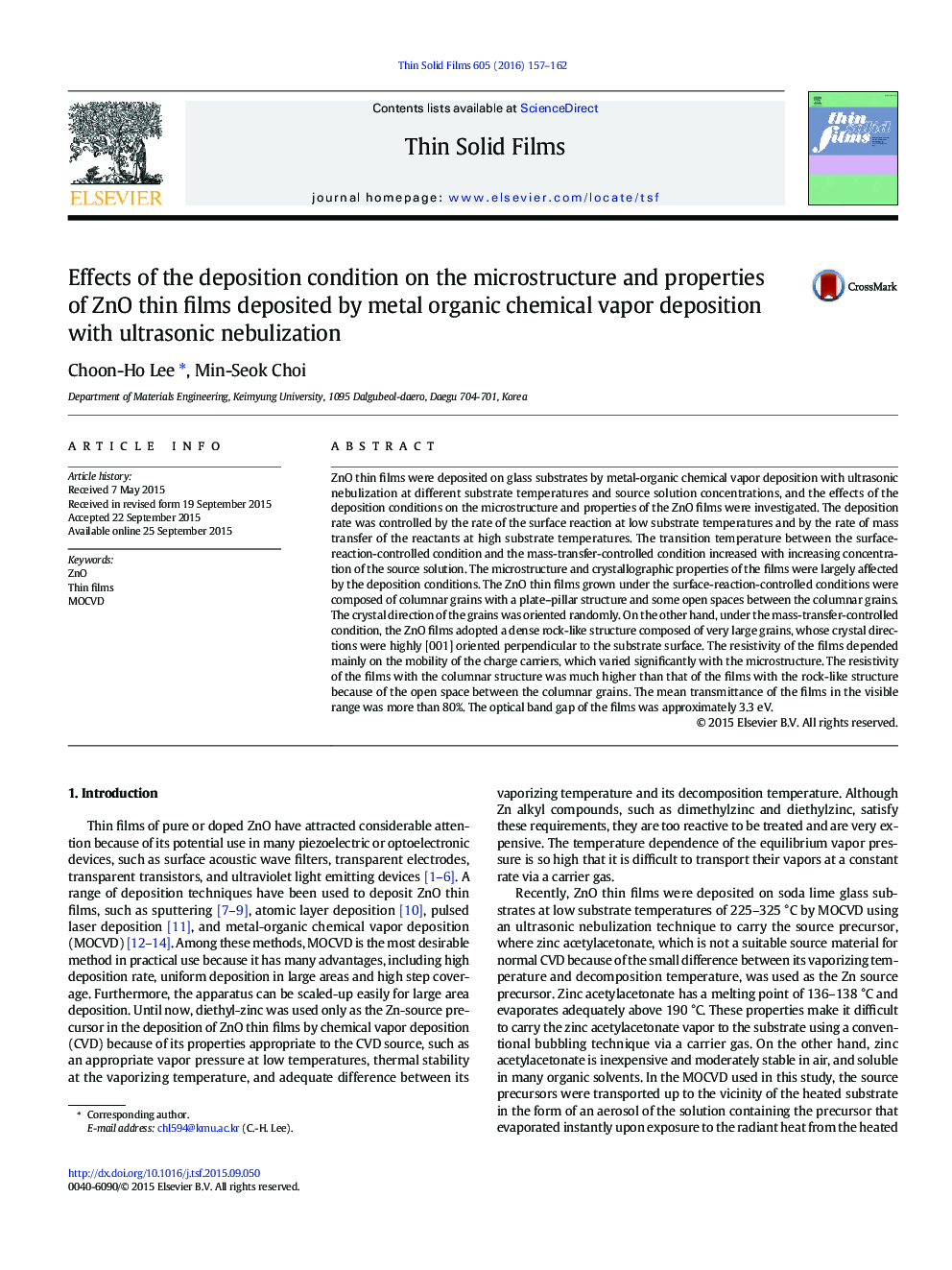 Effects of the deposition condition on the microstructure and properties of ZnO thin films deposited by metal organic chemical vapor deposition with ultrasonic nebulization