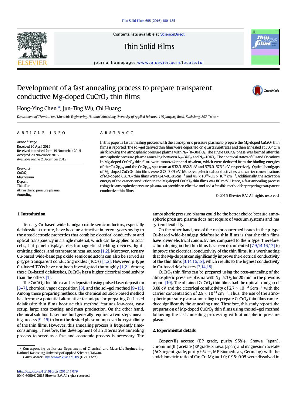 Development of a fast annealing process to prepare transparent conductive Mg-doped CuCrO2 thin films