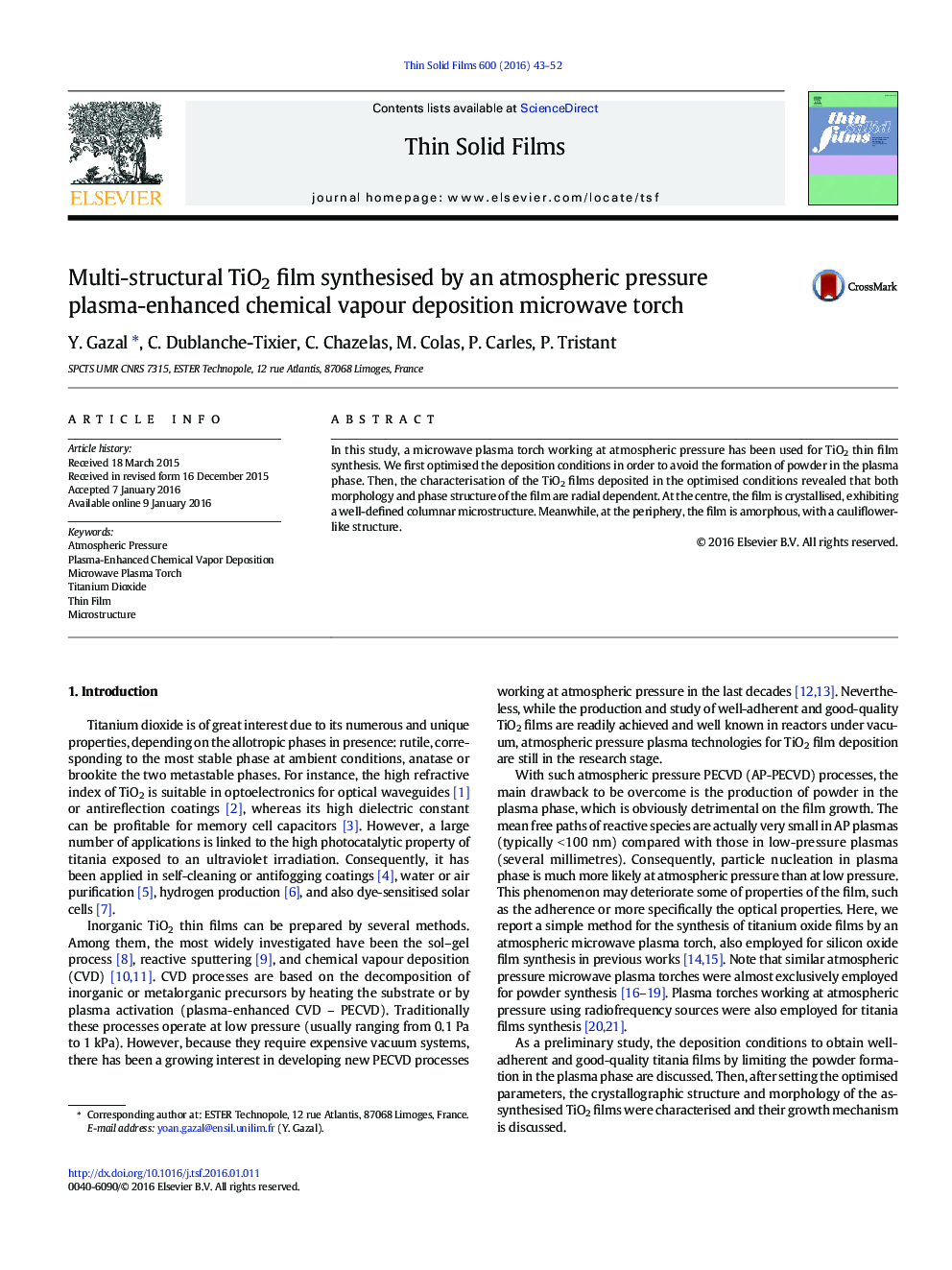 Multi-structural TiO2 film synthesised by an atmospheric pressure plasma-enhanced chemical vapour deposition microwave torch