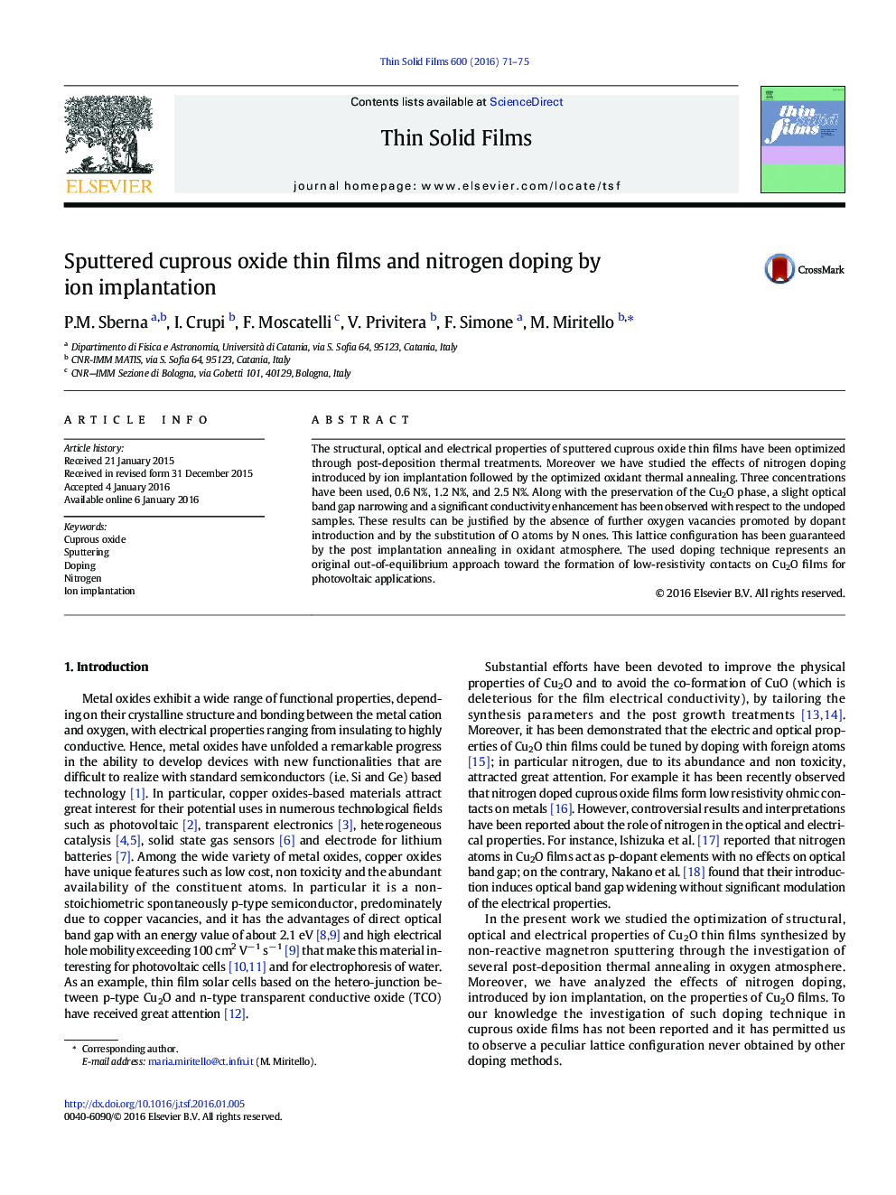 Sputtered cuprous oxide thin films and nitrogen doping by ion implantation